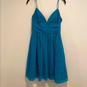 Teal green spaghetti strap formal mini dress